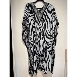 Sante Classics Zebra Print Kaftan Dress Black White Greek Key V-Neck One Size